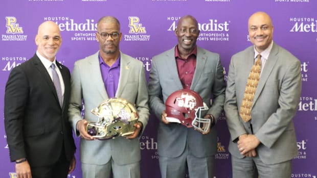 Prairie View's AD Anton Goff, Head Coach Bubba McDowell with Texas Southern Head Coach Cris Dishman and VP & AD Dr. Kevin Gra