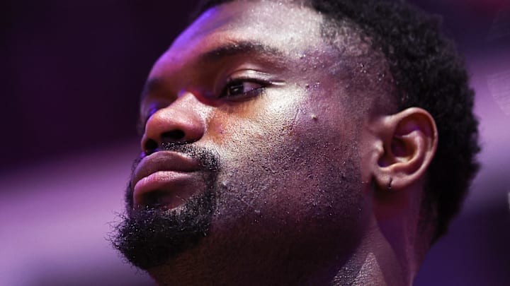 Jan 31, 2026; Philadelphia, Pennsylvania, USA; New Orleans Pelicans forward Zion Williamson before action against the Philadelphia 76ers at Xfinity Mobile Arena. Mandatory Credit: Bill Streicher-Imagn Images