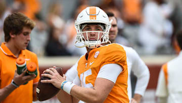 Sep 18, 2021; Knoxville, Tennessee, USA; Tennessee Volunteers quarterback Harrison Bailey (15) warming up before the game against the Tennessee Tech Golden Eagles at Neyland Stadium. Mandatory Credit: Bryan Lynn-Imagn Images