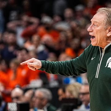 Michigan State head coach Tom Izzo reacts to a play against Auburn during the second half of the Elite Eight round of NCAA tournament at State Farm Arena in Atlanta, Ga. on Sunday, March 30, 2025.