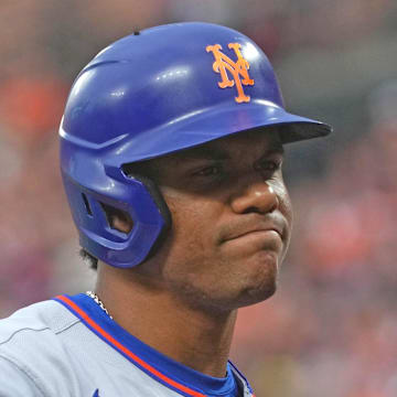 Jul 8, 2025; Baltimore, Maryland, USA; New York Mets outfielder Juan Soto (22) reacts after striking out during the first inning against the Baltimore Orioles at Oriole Park at Camden Yards. Mandatory Credit: Mitch Stringer-Imagn Images