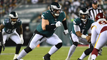 Dec 21, 2021; Philadelphia, Pennsylvania, USA; Philadelphia Eagles guard Nate Herbig (67) prepares to block against the Washington Football Team at Lincoln Financial Field. Mandatory Credit: Eric Hartline-Imagn Images