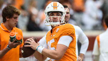 Sep 18, 2021; Knoxville, Tennessee, USA; Tennessee Volunteers quarterback Harrison Bailey (15) warming up before the game against the Tennessee Tech Golden Eagles at Neyland Stadium. Mandatory Credit: Bryan Lynn-Imagn Images