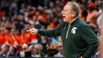 Michigan State head coach Tom Izzo reacts to a play against Auburn during the second half of the Elite Eight round of NCAA tournament at State Farm Arena in Atlanta, Ga. on Sunday, March 30, 2025.