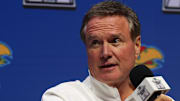 Oct 22, 2025; Kansas City, MO, USA; Kansas head coach Bill Self speaks to media during Big 12 Menís Basketball media day at T-Mobile Center. Mandatory Credit: Sophia Scheller-Imagn Images