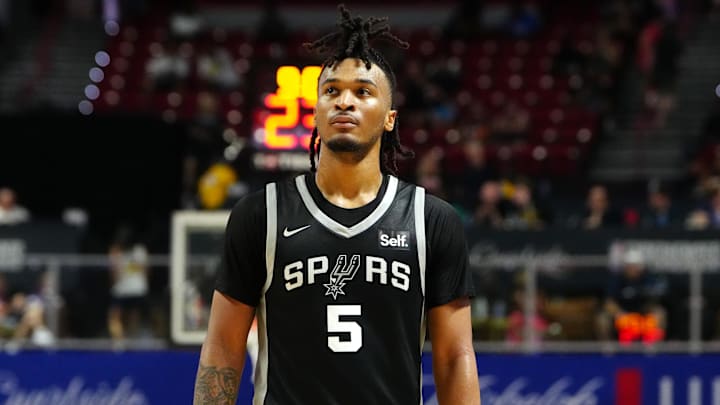 Jul 13, 2024; Las Vegas, NV, USA; San Antonio Spurs guard Stephon Castle (5) walks up court during the third quarter against the Portland Trail Blazers at Thomas & Mack Center. Mandatory Credit: Stephen R. Sylvanie-Imagn Images