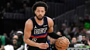 Dec 12, 2024; Boston, Massachusetts, USA;  Detroit Pistons guard Cade Cunningham (2) dribbles against the Boston Celtics during the first half at TD Garden. Mandatory Credit: Eric Canha-Imagn Images
