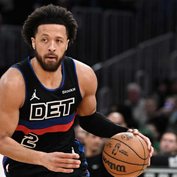 Dec 12, 2024; Boston, Massachusetts, USA;  Detroit Pistons guard Cade Cunningham (2) dribbles against the Boston Celtics during the first half at TD Garden. Mandatory Credit: Eric Canha-Imagn Images