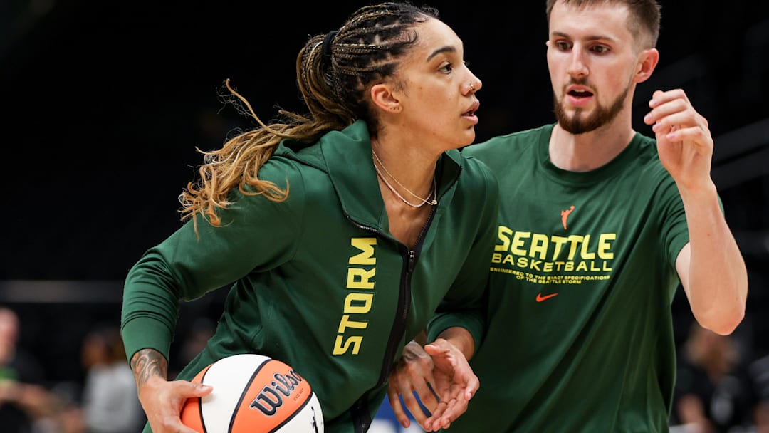 Aug 5, 2025; Seattle, Washington, USA; Seattle Storm guard Gabby Williams (5) warms up before the match against  the Minnesota Lynx at Climate Pledge Arena. Mandatory Credit: Kevin Ng-Imagn Images