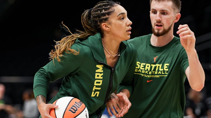 Aug 5, 2025; Seattle, Washington, USA; Seattle Storm guard Gabby Williams (5) warms up before the match against  the Minnesota Lynx at Climate Pledge Arena. Mandatory Credit: Kevin Ng-Imagn Images