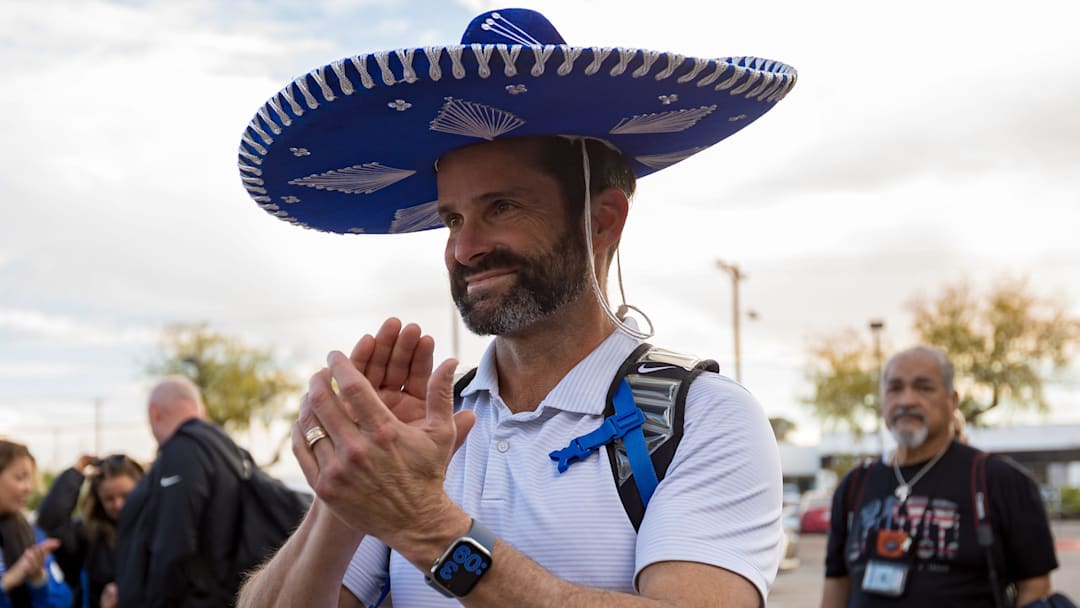 Manny Diaz, head football coach of Duke football, wears a sombrero upon arrival at the Marriott El Paso on Friday, Dec. 26, 2025, ahead of the Tony the Tiger Sun Bowl.
