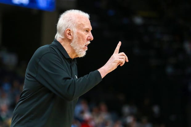 San Antonio Spurs head coach Gregg Popovich gives direction during the first half against the Memphis Grizzlies.