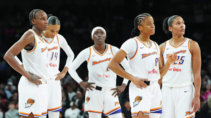Oct 3, 2025; Las Vegas, Nevada, USA; Phoenix Mercury players react after their team was assessed a technical foul during the third quarter against the Las Vegas Aces in game one of the 2025 WNBA Finals at Michelob Ultra Arena. Mandatory Credit: Stephen R. Sylvanie-Imagn Images Oct 3, 2025; Las Vegas, Nevada, USA; Phoenix Mercury players react after their team was assessed a technical foul during the third quarter against the Las Vegas Aces in game one of the 2025 WNBA Finals at Michelob Ultra Arena. Mandatory Credit: Stephen R. Sylvanie-Imagn Images