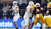 Iowa State Cyclones quarterback Rocco Becht (3) left the Big 12 football championship game in the fourth quarter after getting blasted on a cornerback blitz.