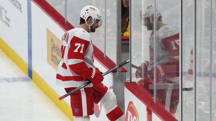 Mar 31, 2026; Pittsburgh, Pennsylvania, USA;  Detroit Red Wings center Dylan Larkin (71) enters the penalty box after being called for tripping against the Pittsburgh Penguins during the third period at PPG Paints Arena. Mandatory Credit: Charles LeClaire-Imagn Images