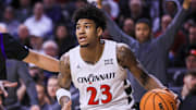 Feb 22, 2025; Cincinnati, Ohio, USA; Cincinnati Bearcats forward Dillon Mitchell (23) drives to the basket against the TCU Horned Frogs in the first half at Fifth Third Arena. Mandatory Credit: Katie Stratman-Imagn Images