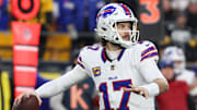 Buffalo Bills quarterback Josh Allen (17) looks to pass during the first quarter against the Pittsburgh Steelers at Acrisure Stadium. 