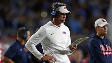 Nov 1, 2025; Oxford, Mississippi, USA; Mississippi Rebels head coach Lane Kiffin looks on during the first quarter against the South Carolina Gamecocks at Vaught-Hemingway Stadium. Mandatory Credit: Petre Thomas-Imagn Images