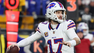 Buffalo Bills quarterback Josh Allen (17) looks to pass during the first quarter against the Pittsburgh Steelers at Acrisure Stadium. 