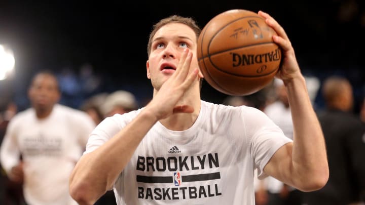 Jan 12, 2017; Brooklyn, NY, USA; Brooklyn Nets shooting guard Bojan Bogdanovic (44) warms up before a game against the New Orleans Pelicans at Barclays Center. Mandatory Credit: Brad Penner-USA TODAY Sports