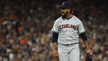 Oct 10, 2024; Detroit, Michigan, USA; Cleveland Guardians relief pitcher Emmanuel Clase (48) reacts to a strike out in the in the eighth inning against the Detroit Tigers during game four of the ALDS for the 2024 MLB Playoffs at Comerica Park.