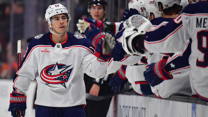 Feb 21, 2024; Anaheim, California, USA;  Columbus Blue Jackets left wing Johnny Gaudreau (13) celebrates his goal scored against the against the Anaheim Ducks during the first period at Honda Center. Mandatory Credit: Gary A. Vasquez-USA TODAY Sports