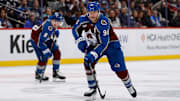 Nov 13, 2024; Denver, Colorado, USA; Colorado Avalanche right wing Mikko Rantanen (96) controls the puck in the second period against the Los Angeles Kings at Ball Arena. Mandatory Credit: Isaiah J. Downing-Imagn Images