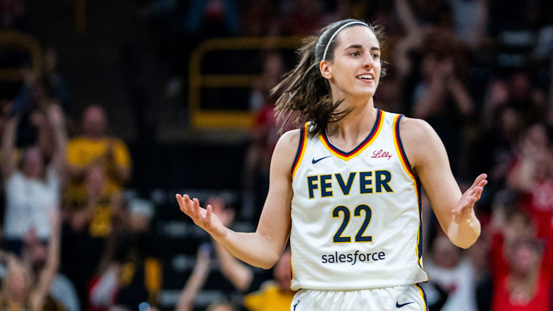 Indiana Fever guard Caitlin Clark (22) questions an official Sunday, May 4, 2025, during a preseason game between the Indiana Fever and the Brazil national team at Carver-Hawkeye Arena in Iowa City.