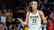 Indiana Fever guard Caitlin Clark (22) questions an official Sunday, May 4, 2025, during a preseason game between the Indiana Fever and the Brazil national team.