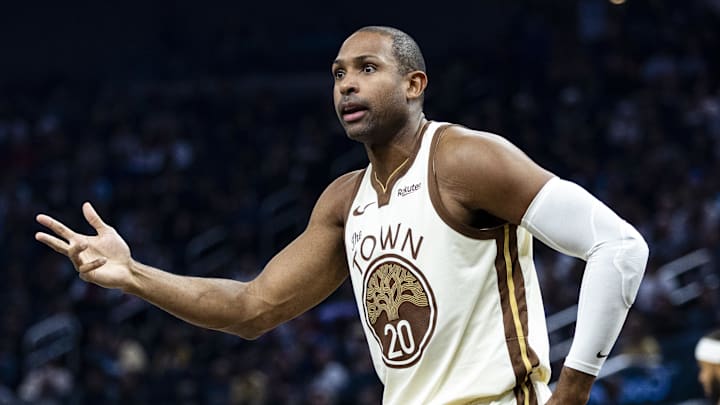 Jan 17, 2026; San Francisco, California, USA; Golden State Warriors center Al Horford (20) reacts after he is called for a foul against a Charlotte Hornets player during the second quarter at Chase Center. Mandatory Credit: John Hefti-Imagn Images