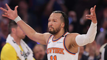 May 29, 2025; New York, New York, USA; New York Knicks guard Jalen Brunson (11) reacts after a three point shot against the Indiana Pacers in the first quarter during game five of the eastern conference finals for the 2025 NBA Playoffs at Madison Square Garden. Mandatory Credit: Brad Penner-Imagn Images