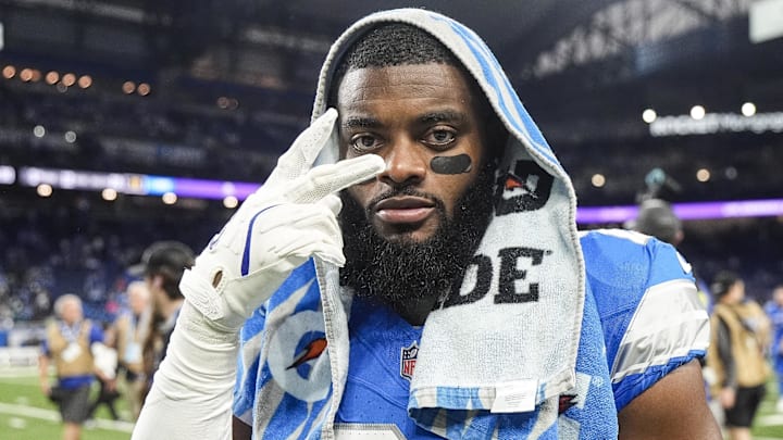 Nov 17, 2024; Detroit, MI, USA; Detroit Lions cornerback Amik Robertson (21) poses for a photo after 52-6 win over Jacksonville Jaguars at Ford Field in Detroit on Sunday, Nov. 17, 2024. Mandatory Credit: Junfu Han/USA TODAY Network via Imagn Images 