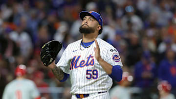 Oct 8, 2024; New York City, New York, USA; New York Mets pitcher Sean Manaea (59) reacts in the seventh inning against the Philadelphia Phillies during game three of the NLDS for the 2024 MLB Playoffs at Citi Field. Mandatory Credit: Brad Penner-Imagn Images