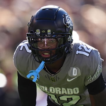 Nov 16, 2024; Boulder, Colorado, USA; Colorado Buffaloes defensive back Travis Hunter (12) looks on during the first quarter against the Utah Utes at Folsom Field. Mandatory Credit: Ron Chenoy-Imagn Images