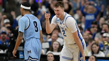 Mar 21, 2025; Raleigh, NC, USA; Duke Blue Devils forward Cooper Flagg (2) celebrates during the first half against the Mount St. Mary's Mountaineers in the first round of the NCAA Tournament at Lenovo Center. Mandatory Credit: Zachary Taft-Imagn Images