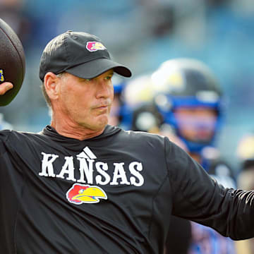 Sep 13, 2024; Kansas City, Kansas, USA; Kansas Jayhawks head coach Lance Leipold during warmups prior to a game against the UNLV Rebels at Children's Mercy Park. Mandatory Credit: Jay Biggerstaff-Imagn Images