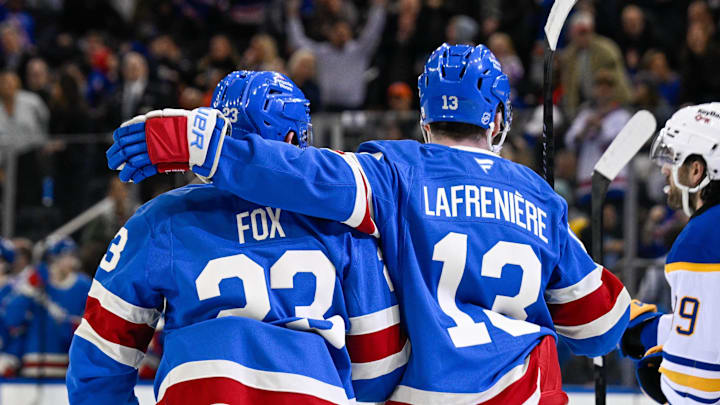 Apr 8, 2026; New York, New York, USA; New York Rangers defenseman Adam Fox (23) celebrates his goal with New York Rangers left wing Alexis Lafrenière (13) against the Buffalo Sabres during the second period at Madison Square Garden. 