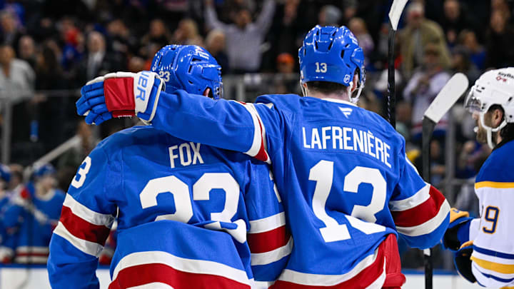 Apr 8, 2026; New York, New York, USA; New York Rangers defenseman Adam Fox (23) celebrates his goal with New York Rangers left wing Alexis Lafrenière (13) against the Buffalo Sabres during the second period at Madison Square Garden. 