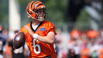Jul 25, 2025; Cincinnati, OH, USA; Cincinnati Bengals quarterback Jake Browning (6) looks to throw during training camp practice. Mandatory Credit: Kareem Elgazzar-Imagn Images