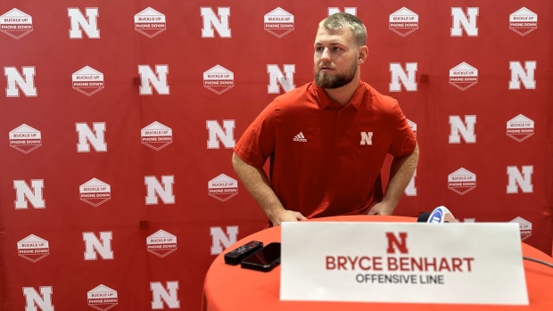 Nebraska football offensive lineman Bryce Benhart talks at NU's pre-camp media day.