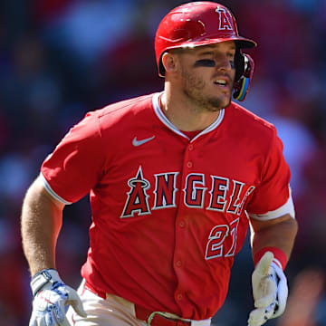 Apr 7, 2024; Anaheim, California, USA;  Los Angeles Angels center fielder Mike Trout (27) runs after hitting a solo home run against the Boston Red Sox during the eighth inning at Angel Stadium.