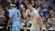 Duke Blue Devils forward Cooper Flagg celebrates during the first half against the Mount St. Mary's Mountaineers.