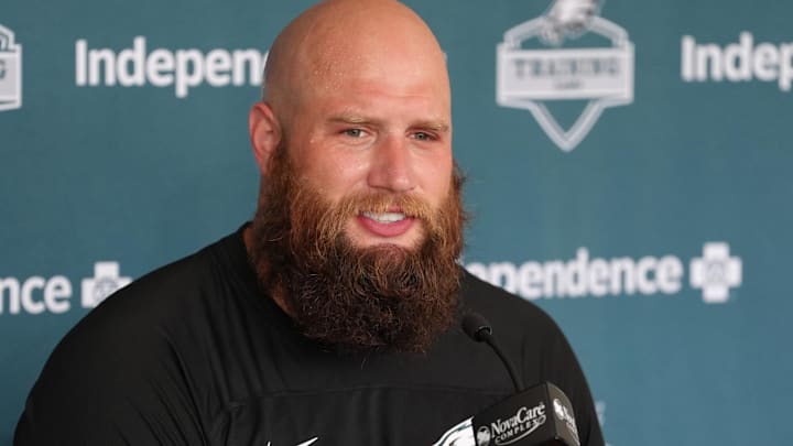 Jul 23, 2025; Philadelphia, PA, USA; Philadelphia Eagles offensive lineman Lane Johnson (65) addresses the media during training camp at NovaCare Complex.