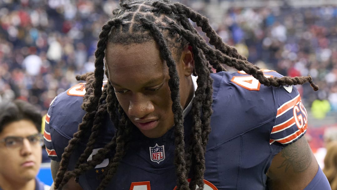 Chicago Bears linebacker Tremaine Edmunds (49) leaves the field after an NFL International Series game at Tottenham Hotspur Stadium.