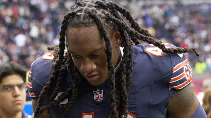 Chicago Bears linebacker Tremaine Edmunds (49) leaves the field after an NFL International Series game at Tottenham Hotspur Stadium.