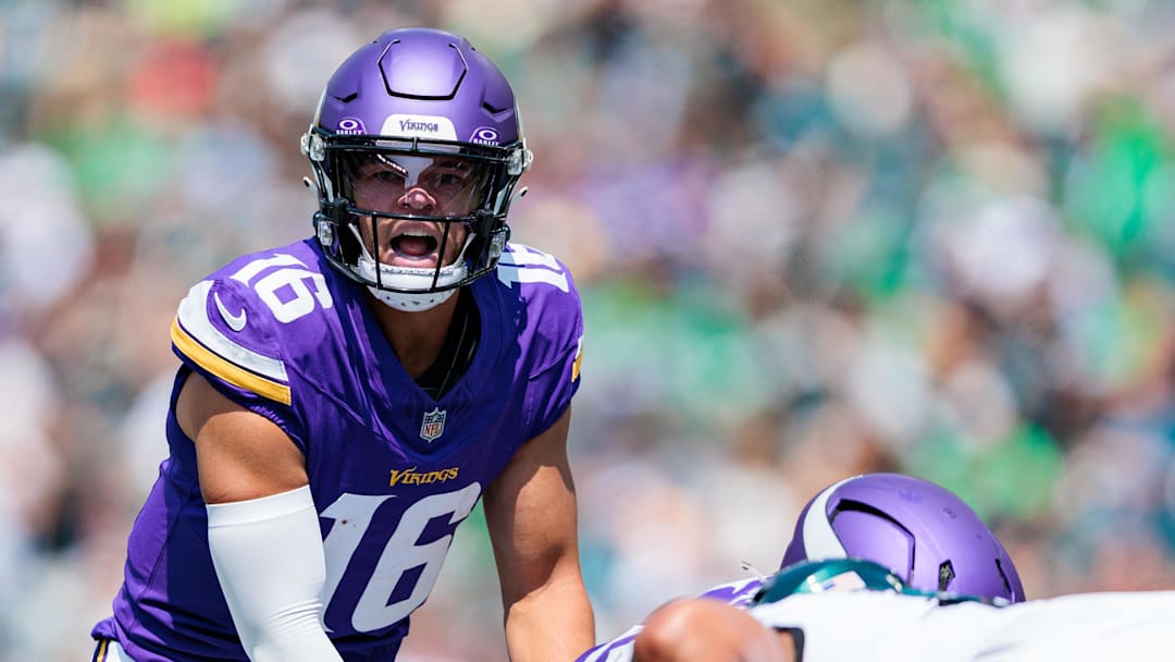 Aug 24, 2024; Philadelphia, Pennsylvania, USA; Minnesota Vikings quarterback Jaren Hall (16) calls out before the snap during the second quarter against the Philadelphia Eagles at Lincoln Financial Field. Mandatory Credit: Caean Couto-Imagn Images