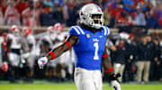 Nov 9, 2024; Oxford, Mississippi, USA; Mississippi Rebels defensive lineman Princely Umanmielen (1) reacts during the second half against the Georgia Bulldogs at Vaught-Hemingway Stadium. Mandatory Credit: Petre Thomas-Imagn Images