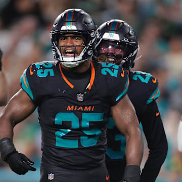 Miami Dolphins linebacker Tyrel Dodson (25) reacts against the New York Jets during the second half at Hard Rock Stadium. 