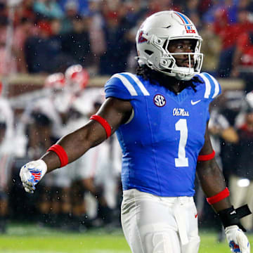 Nov 9, 2024; Oxford, Mississippi, USA; Mississippi Rebels defensive lineman Princely Umanmielen (1) reacts during the second half against the Georgia Bulldogs at Vaught-Hemingway Stadium. Mandatory Credit: Petre Thomas-Imagn Images