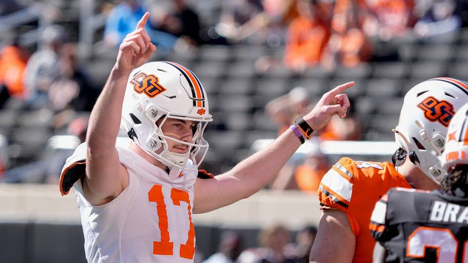 Oklahoma State's Drew Mestemaker celebrates after an OSU touchdown during a spring football game.